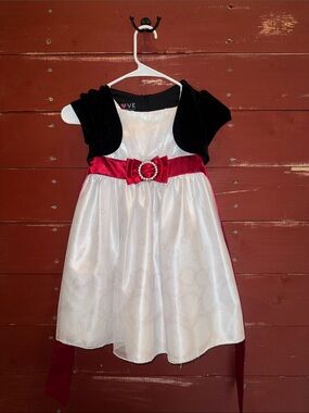 Love Girls White and Black Dress with Red Satin Bow. Formal. Christmas.